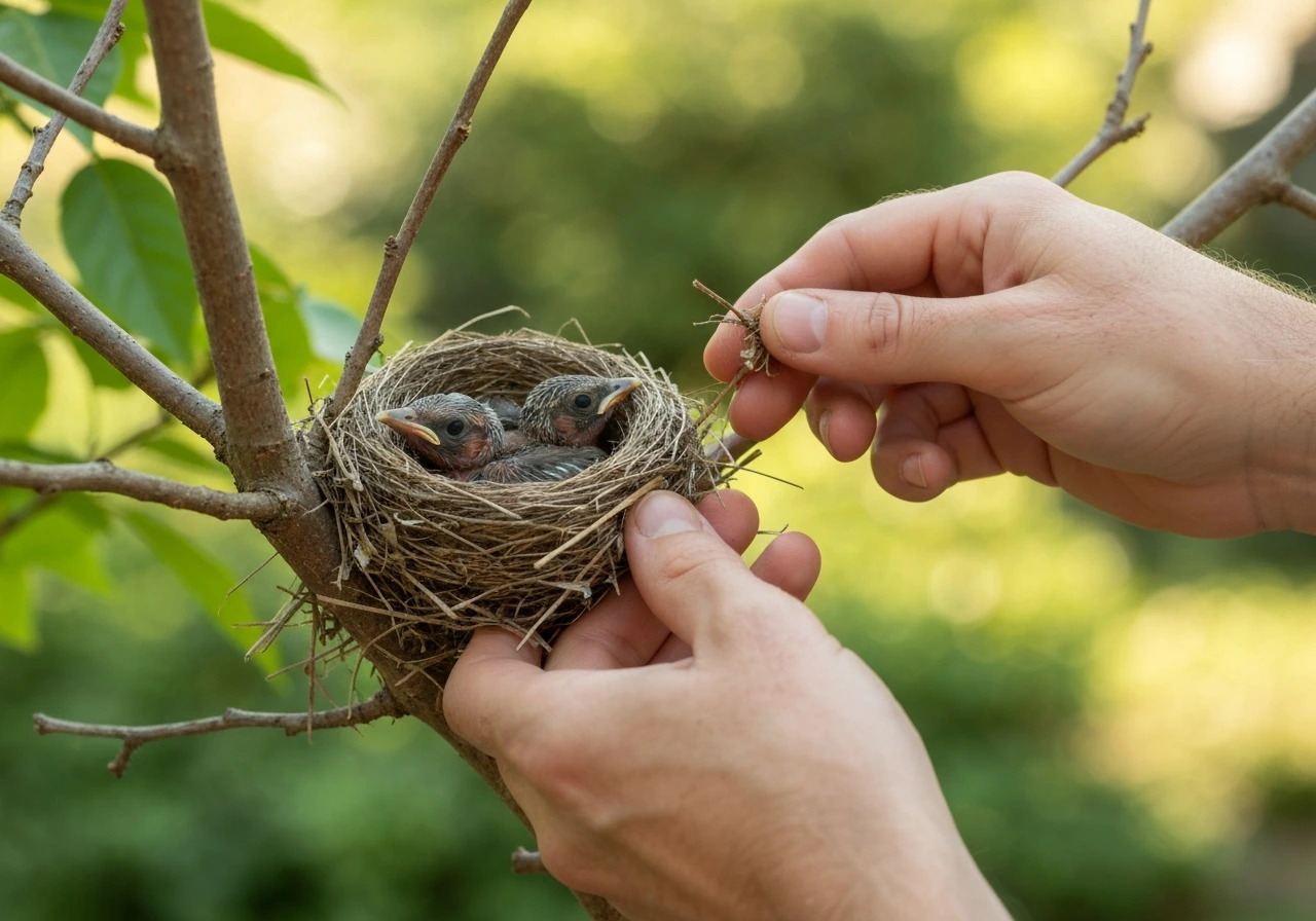 Hands gently returning a feathered fledgling and sparse-pin nestling near a small tree nest.