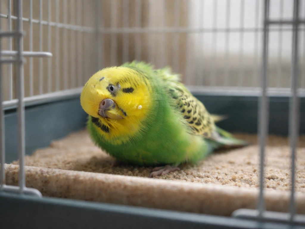 Small pet bird in a simple cage during a sudden loss-of-coordination episode.