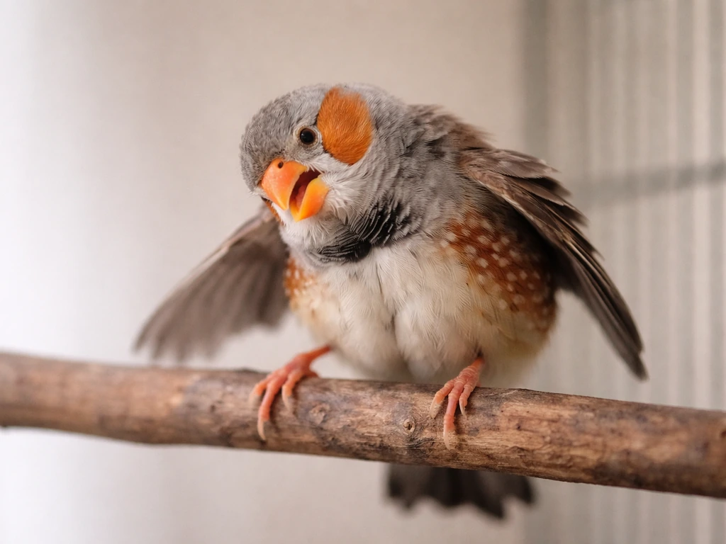 Small bird on a perch with sudden loss of balance, altered posture and open-mouth breathing