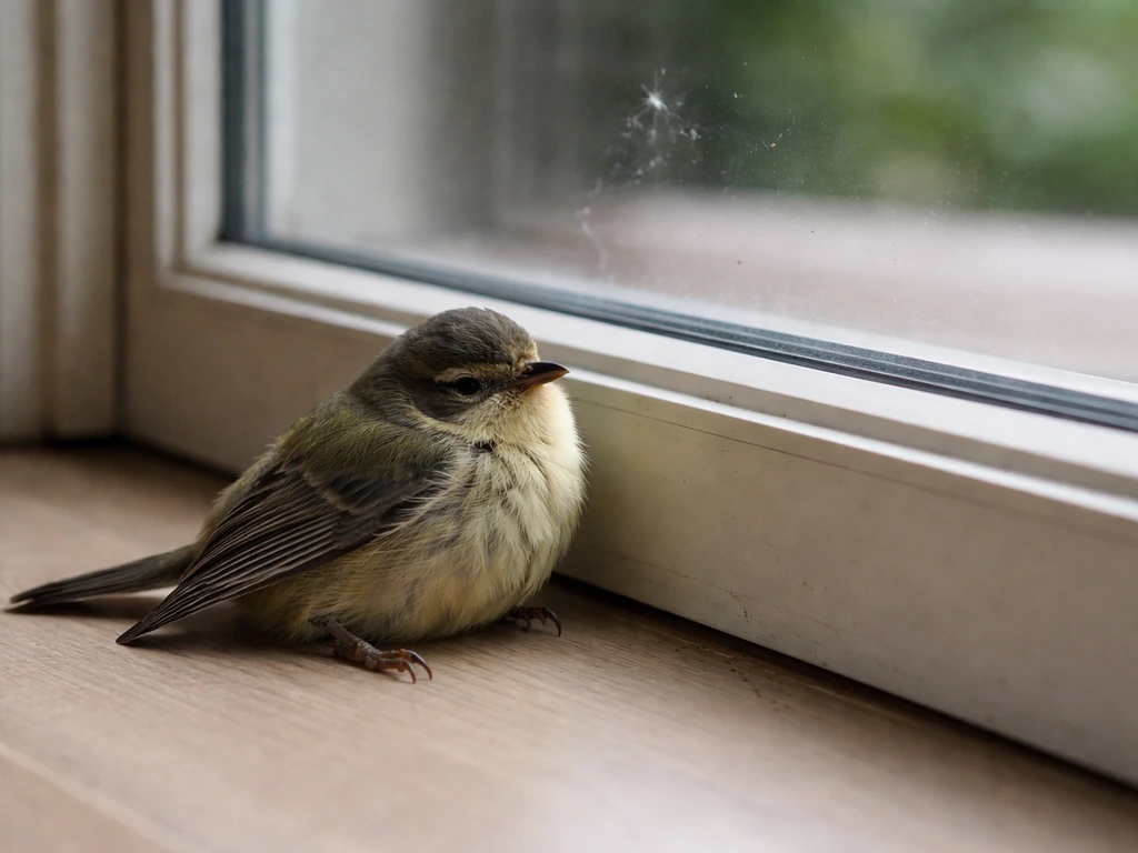 Small bird lying near a window after colliding, with a slight twitch, natural light, minimal scene.