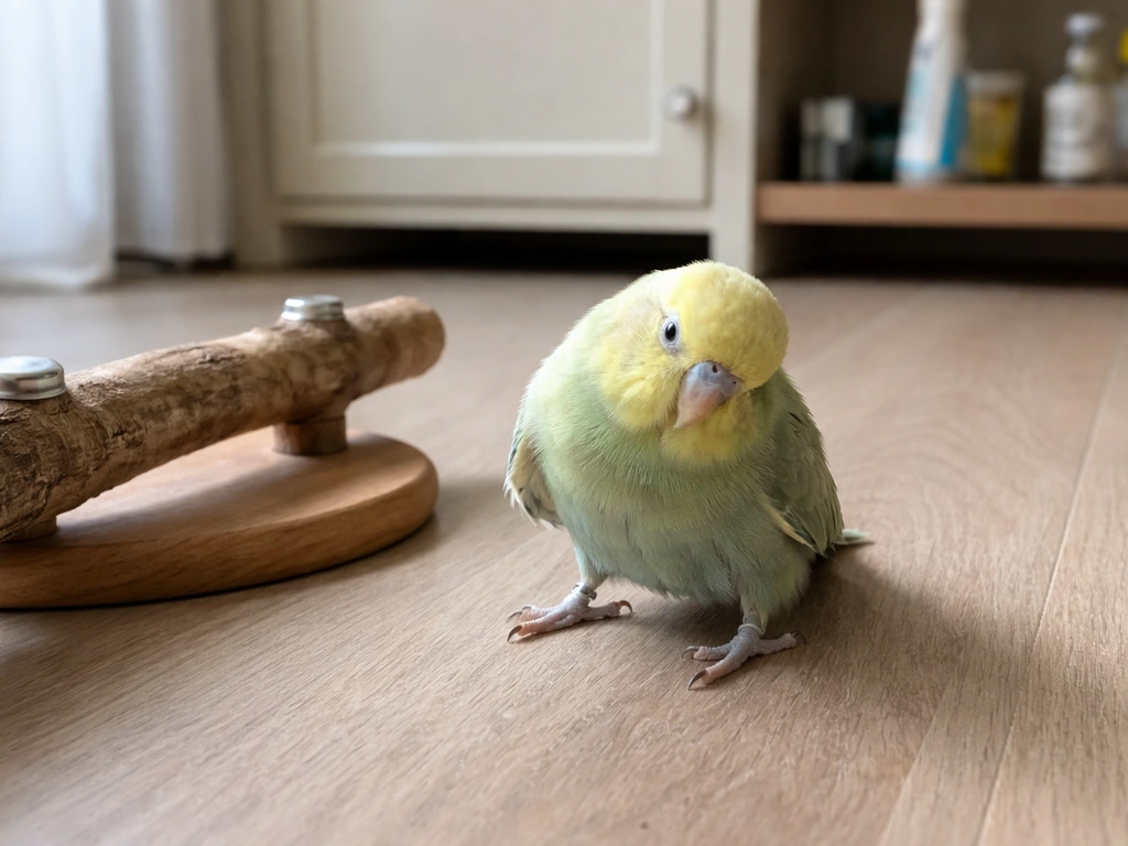 Small pet bird stumbling with tremor-like posture near a clean, bird-safe area indoors.