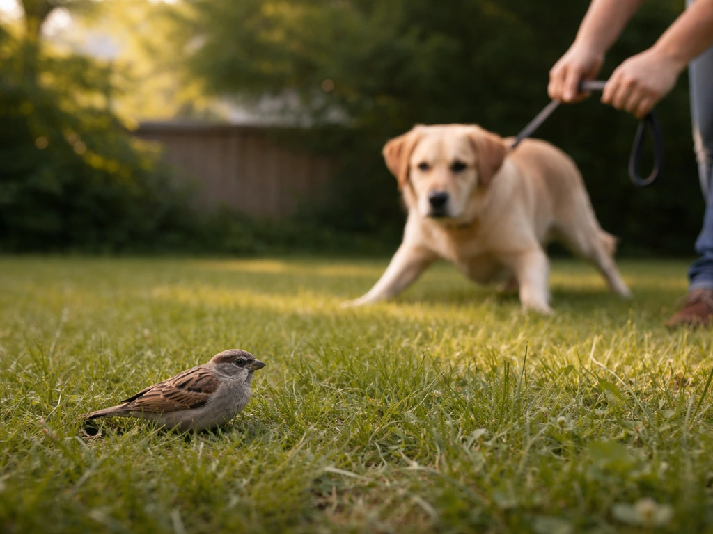 A small wild bird on the ground while a dog is held back, showing immediate safety and separation.
