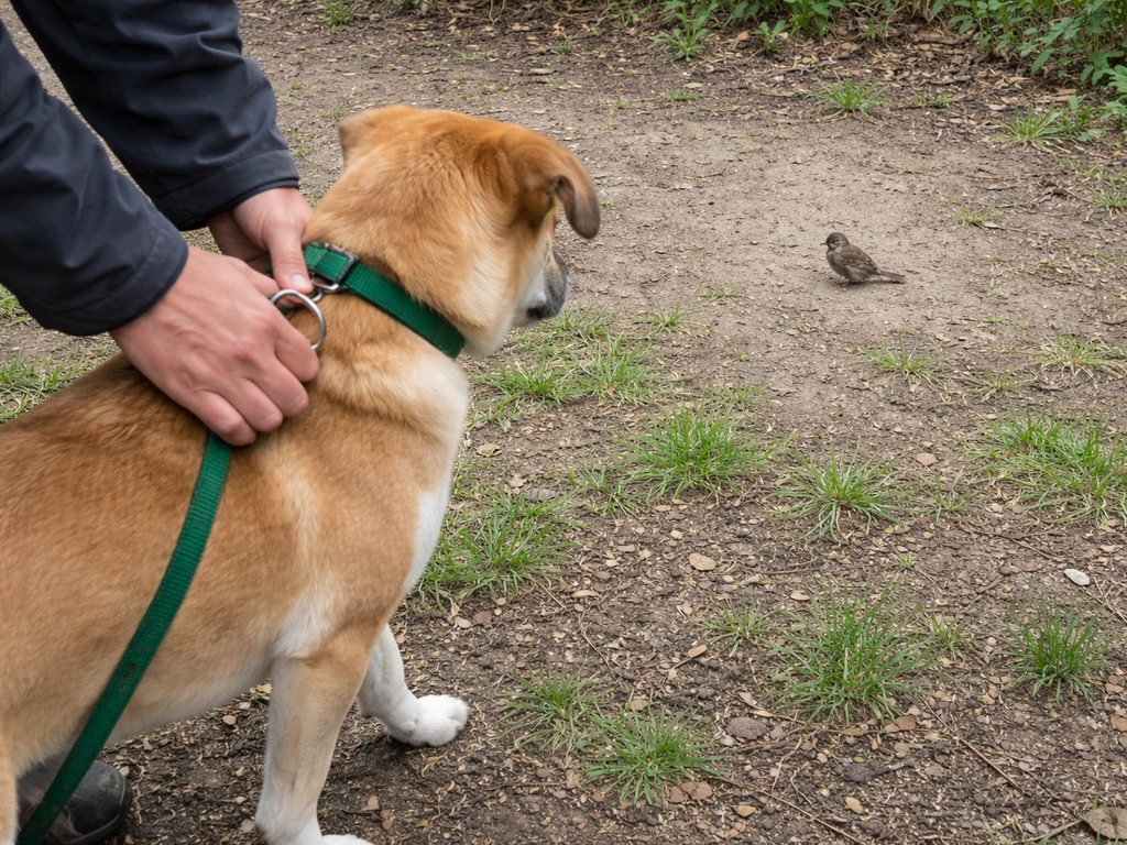 Calmly held dog being moved away from a bird on the ground, with the handler staying back