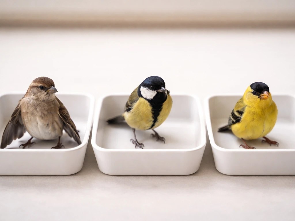 Three anonymous small birds in separate clean trays showing drooped wing, non-weight-bearing leg, and cracked misaligned