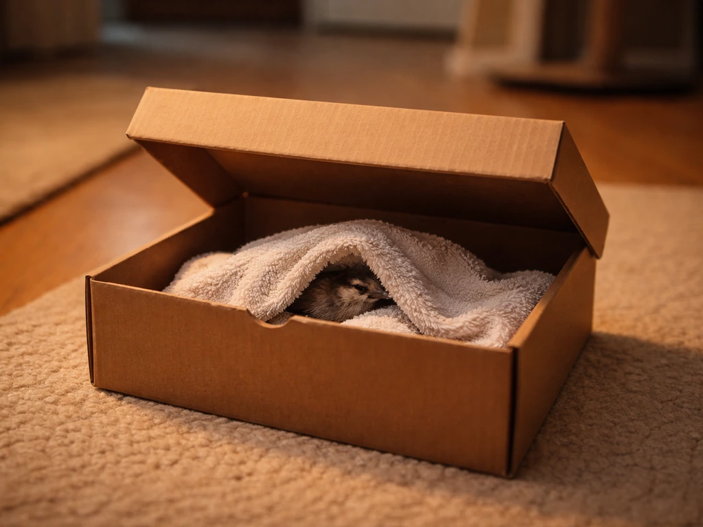 A small bird covered with a light towel inside a closed cardboard box in a quiet, warm room.
