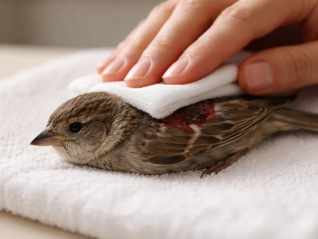 Caregiver’s hands applying gentle pressure with a clean cloth to a bleeding bird wound