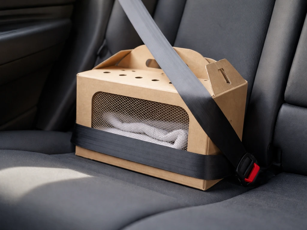 Covered cardboard box with a small ventilated opening secured on a car’s flat back-seat floor for safe bird transport.