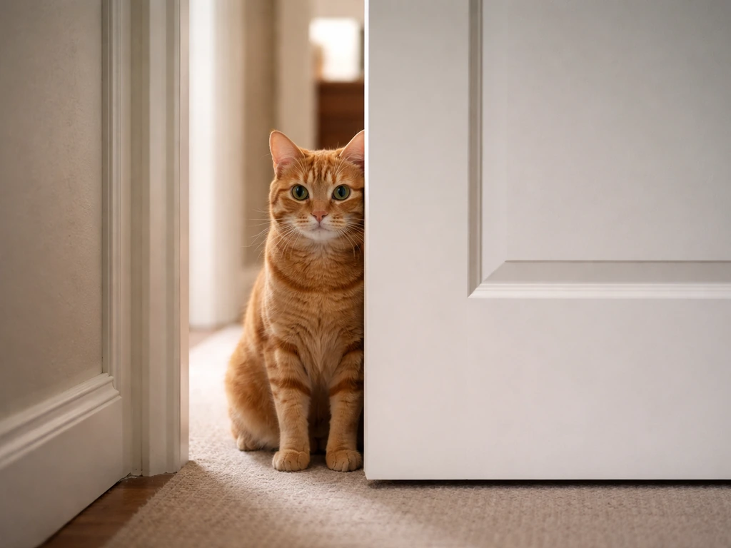 Orange tabby cat separated by a partly closed door in a home hallway to stop access to another room.