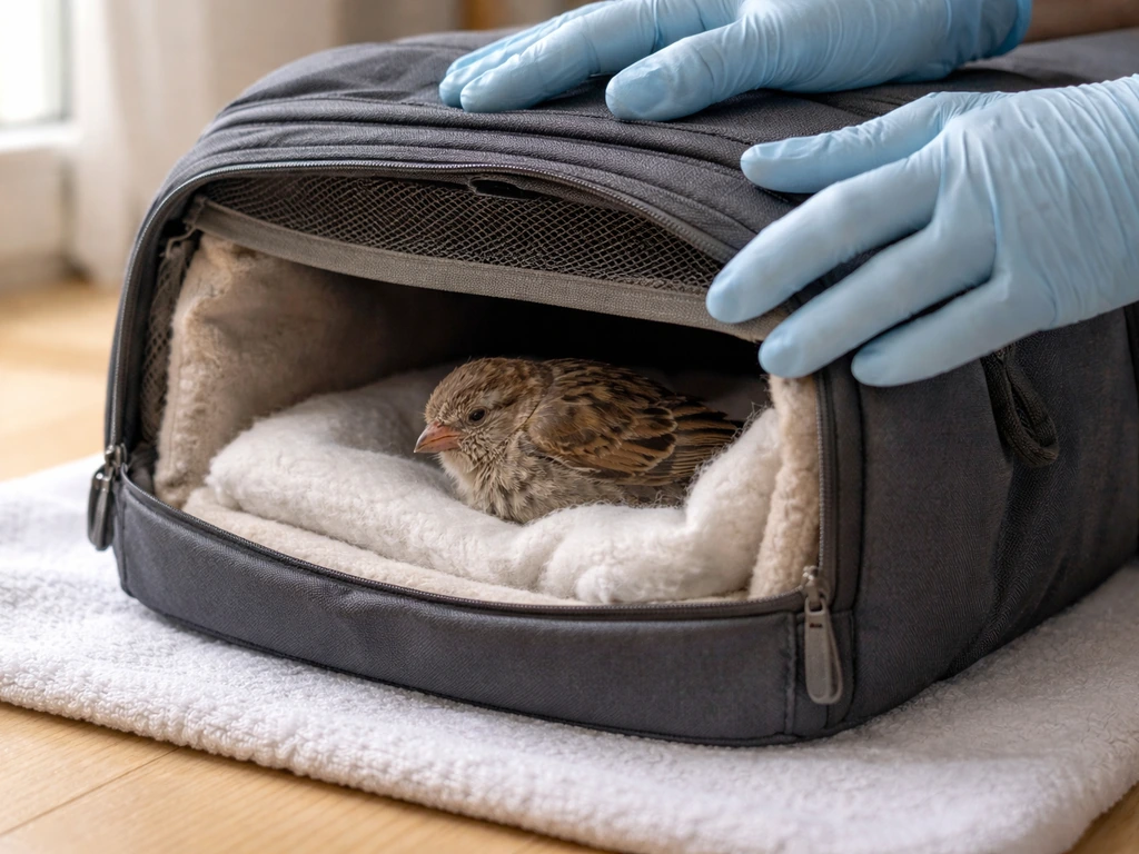 Injured small bird inside a covered dark carrier while gloved hands gently steady the setup.