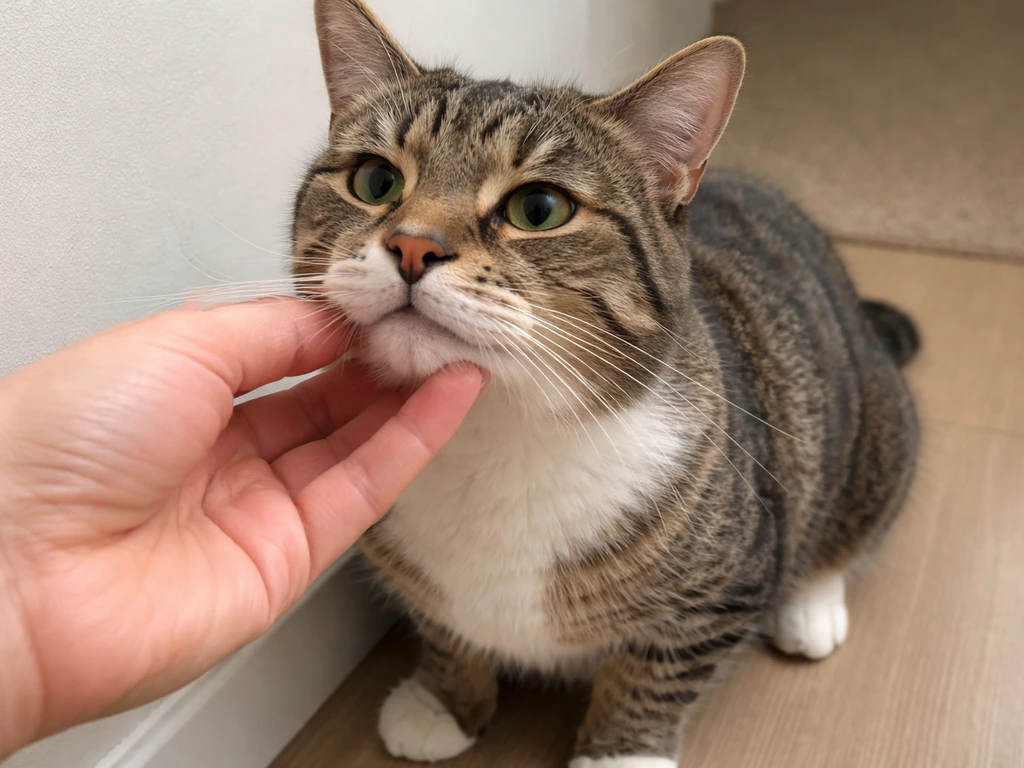 Close-up of a calm cat’s face and front paws while a hand gently checks near its mouth and chin.