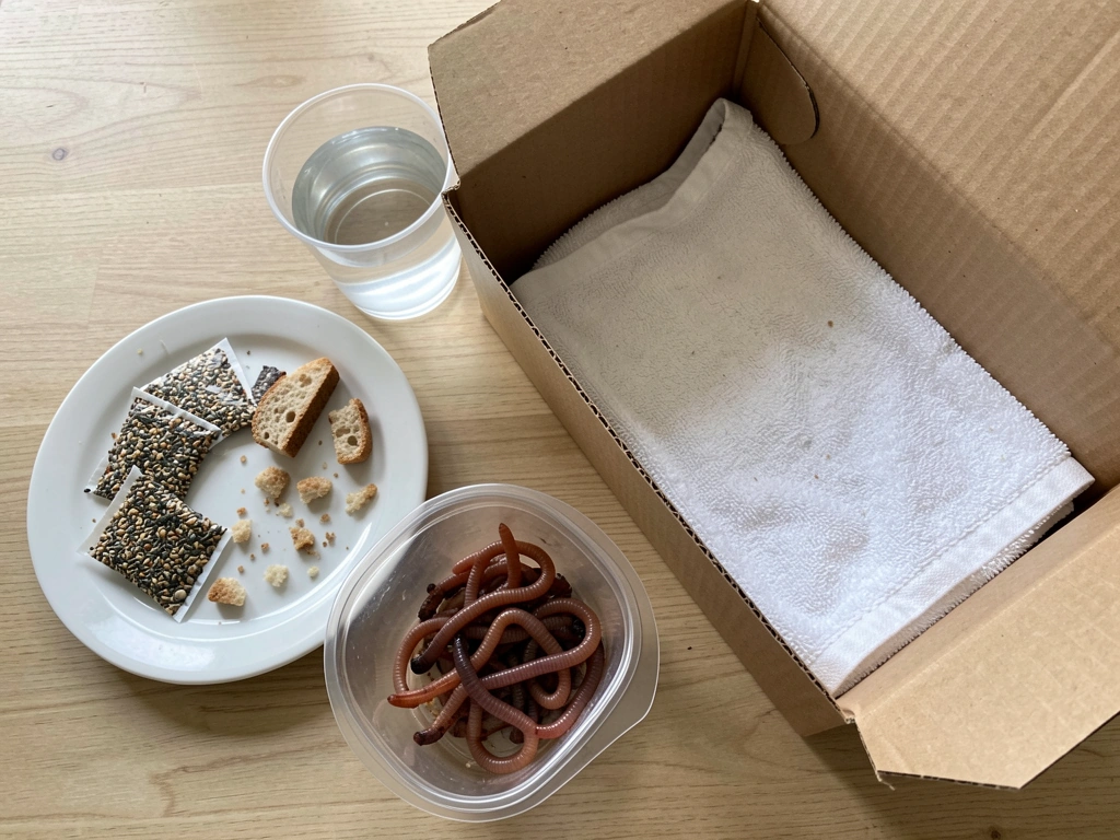 Items showing what not to feed injured birds: bread, seeds, worms, and water