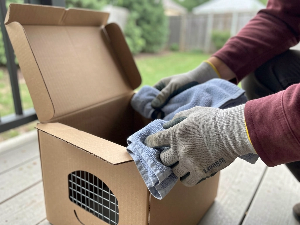 Thick gloves and towel barrier ready to safely handle a wild bird
