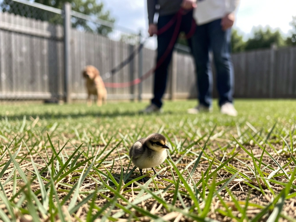 Fledgling on the ground watched from a distance with pets kept back