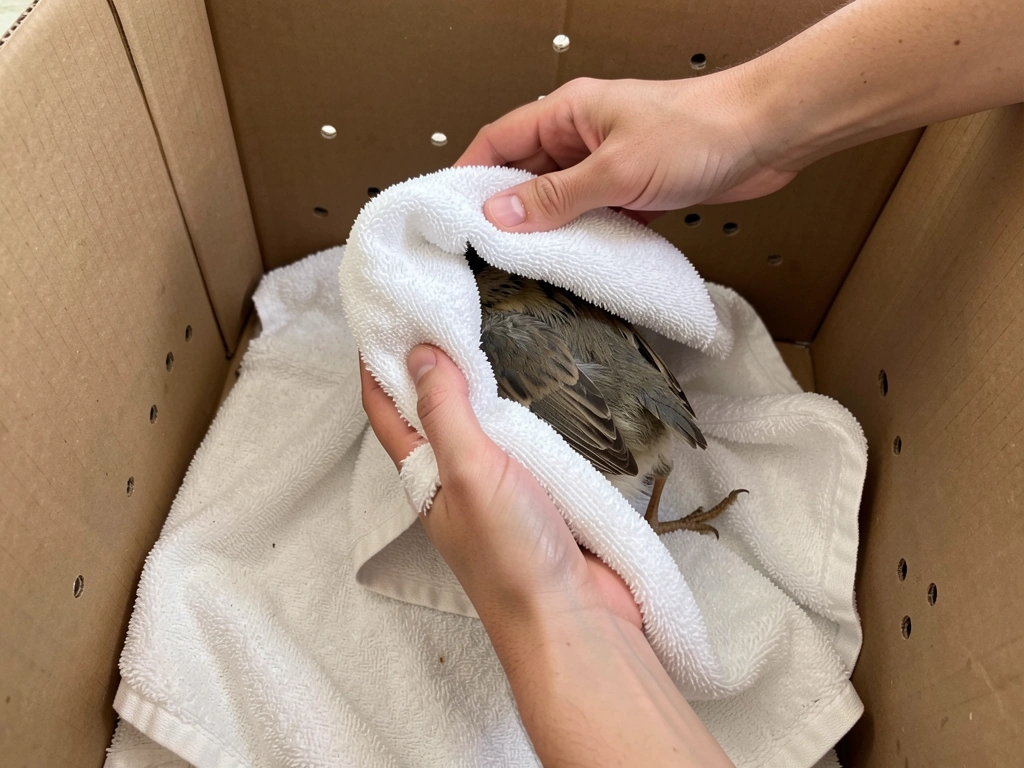 Step-by-step containment: bird covered with towel before lowering into a ventilated box