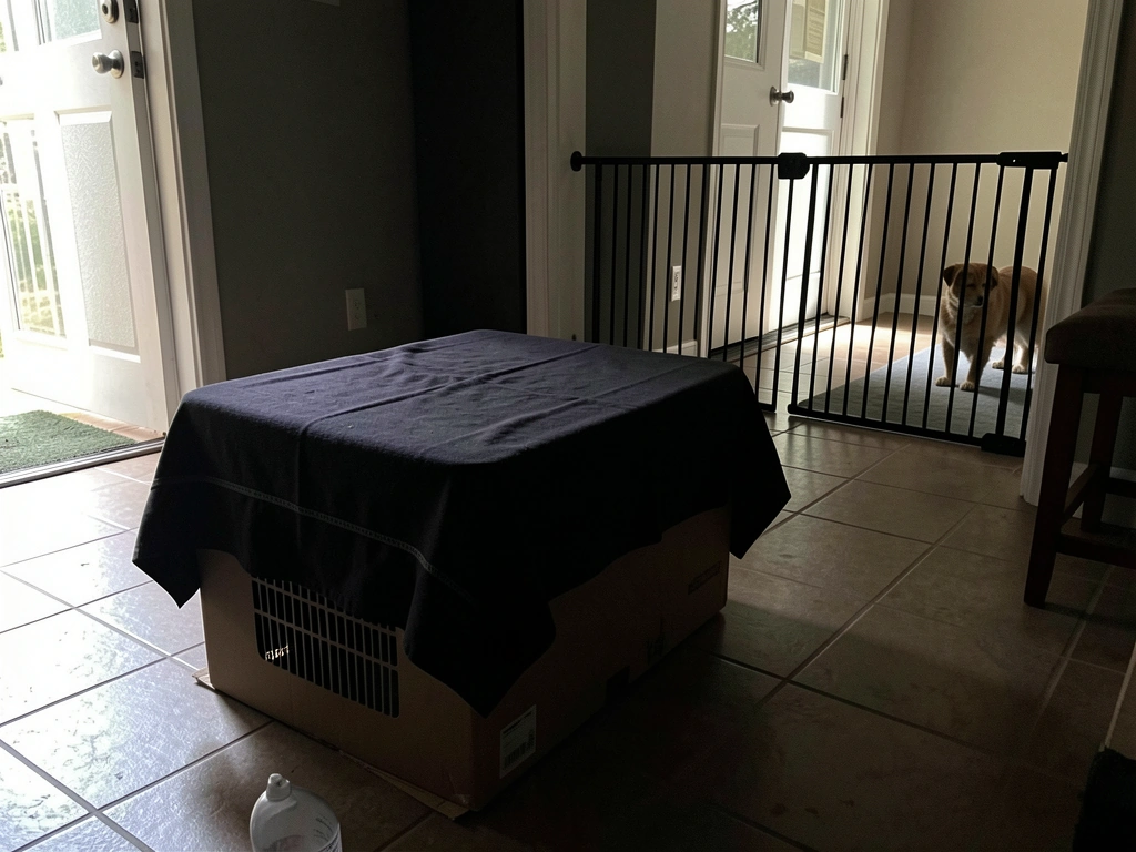 A quiet, dark holding setup with ventilated box away from pets and noise