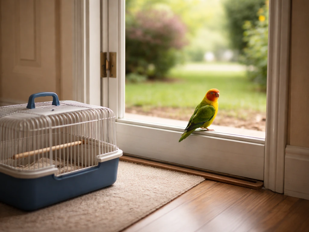 Small pet bird perched by an open door with its carrier nearby, suggesting it just escaped