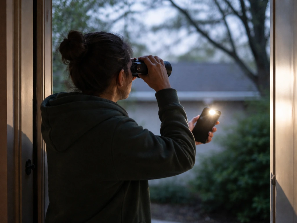 Anonymous adult using binoculars and phone light to scan outdoors at eye level for an escaped bird.