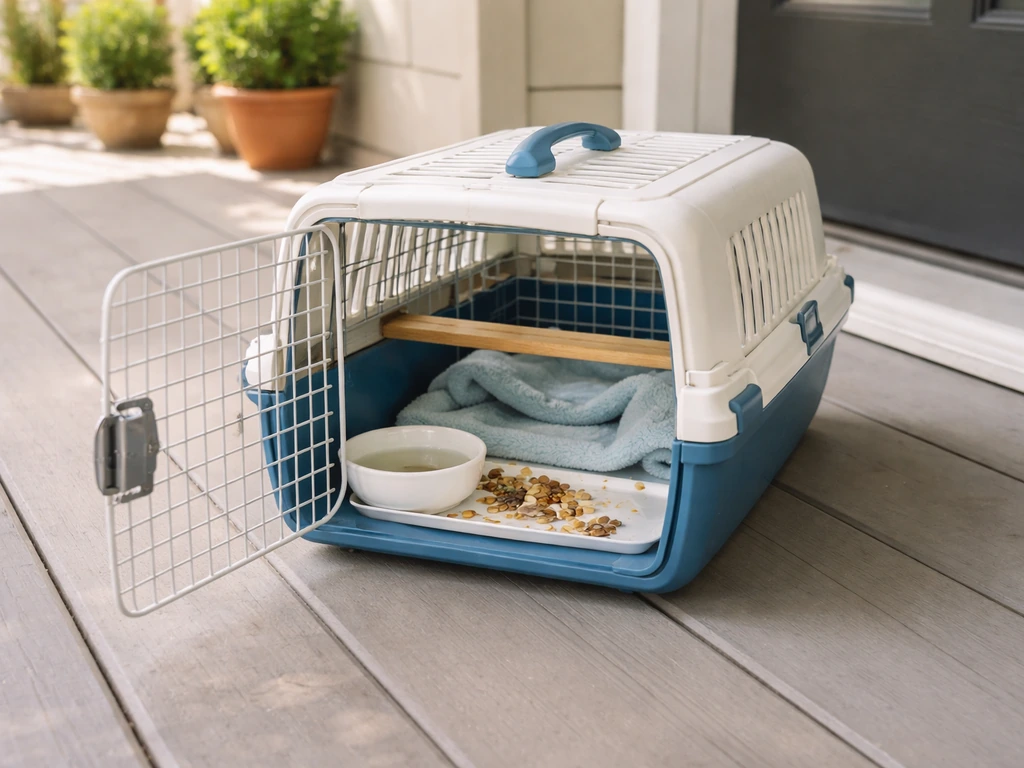 Open bird cage on a quiet porch with visible favorite food and water bowls inside