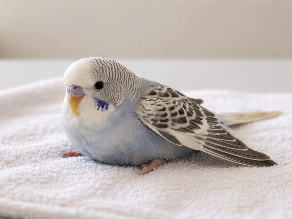 Close-up of a small pet bird on a towel with one wing drooped lower than the other.