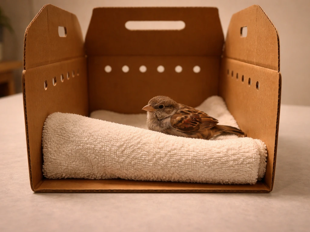 Small injured-looking bird resting calmly inside a ventilated carrier lined with a soft towel.