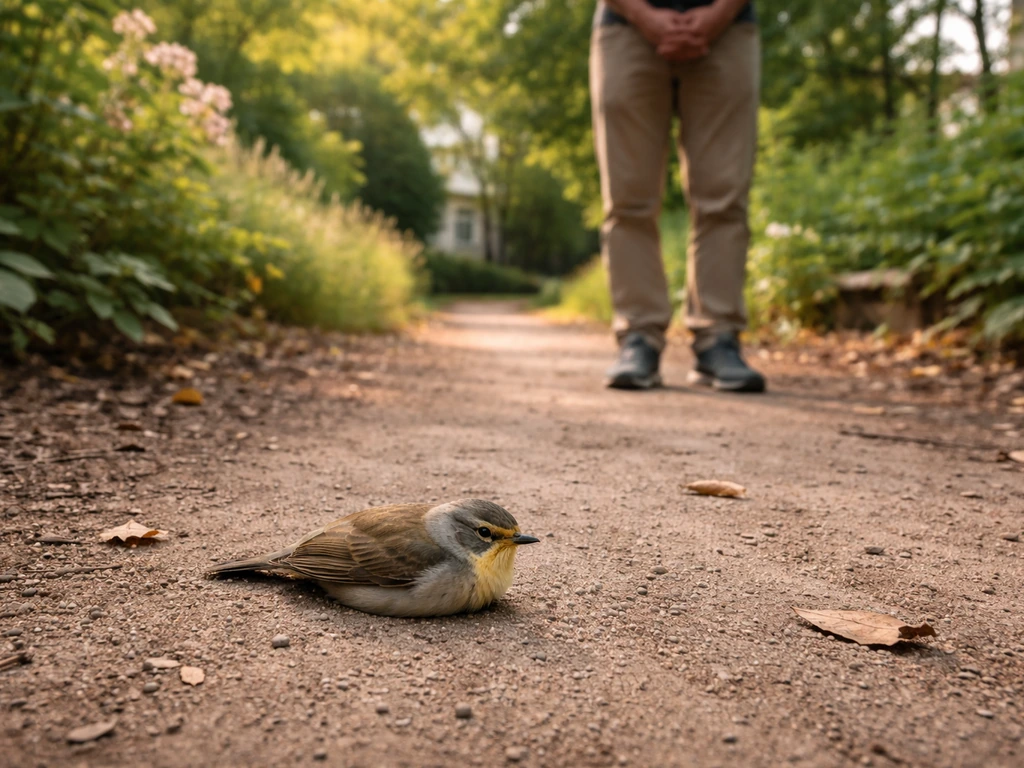 Person standing back near a small injured bird on the ground, leaving space to observe safely.