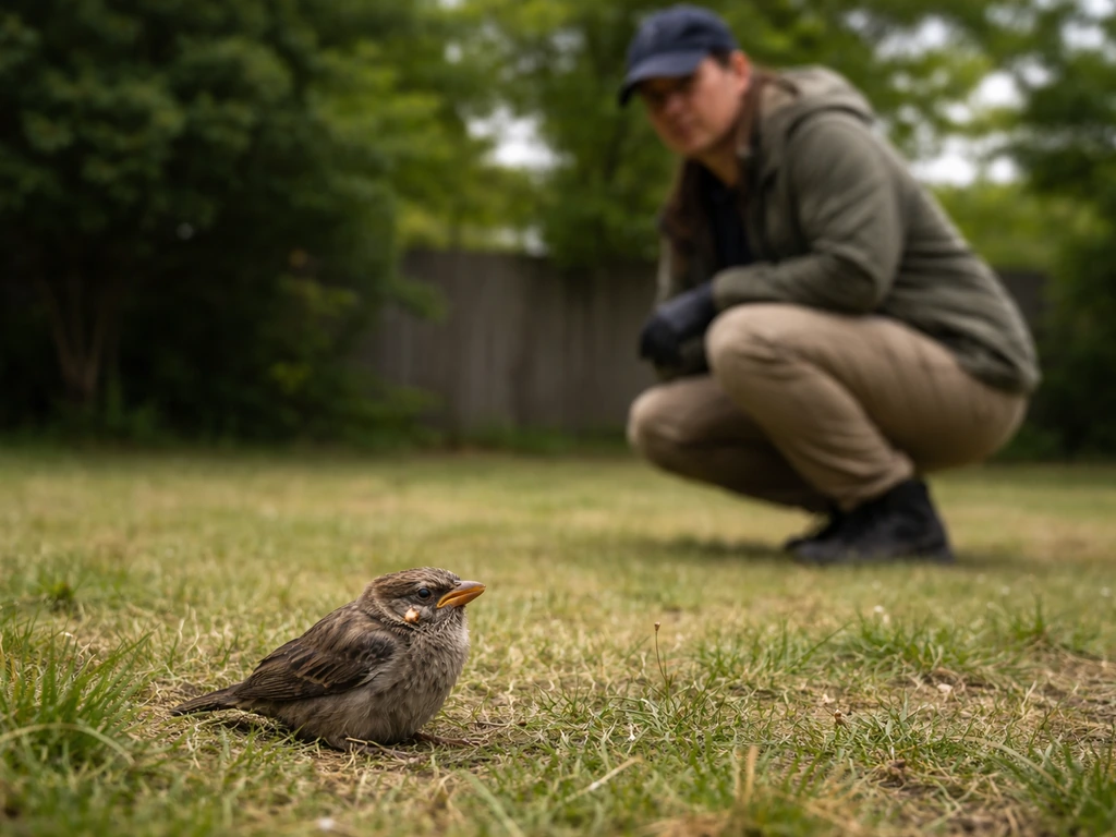 Rescuer stepping back and watching an injured small bird in a quiet outdoor setting from a safe distance