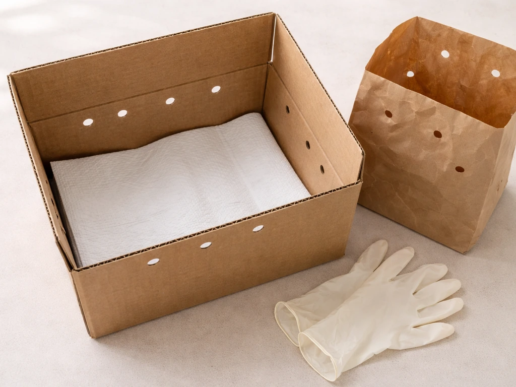 Open cardboard box lined with a paper towel, air holes visible, with gloves beside it.