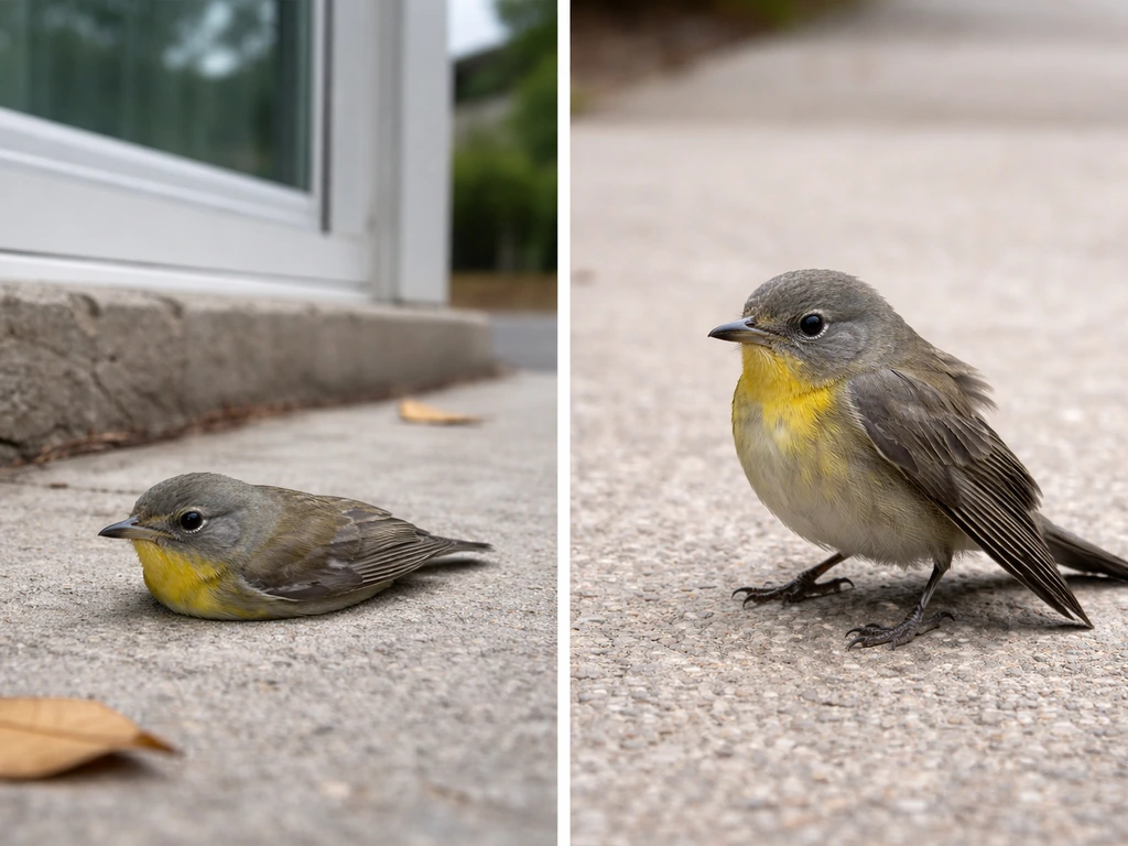Split image: a dazed bird under a window on the left, and a bird with a drooped wing on the right.