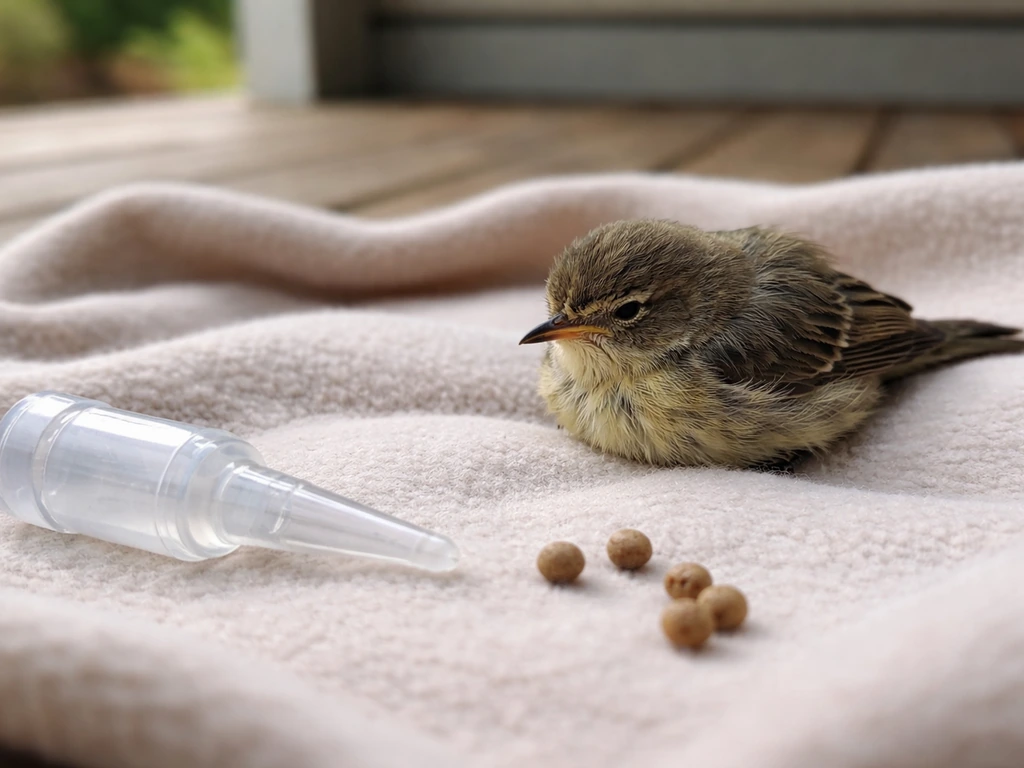 Close-up of an open water dropper and scattered bird-safe pellets beside an injured bird on a blanket
