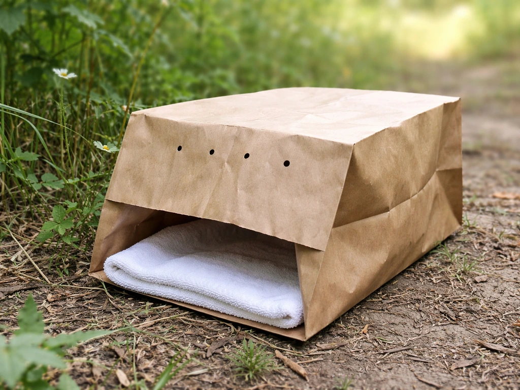 Unwaxed paper bag with ventilation holes and soft lining set on the ground near greenery, no bird shown.
