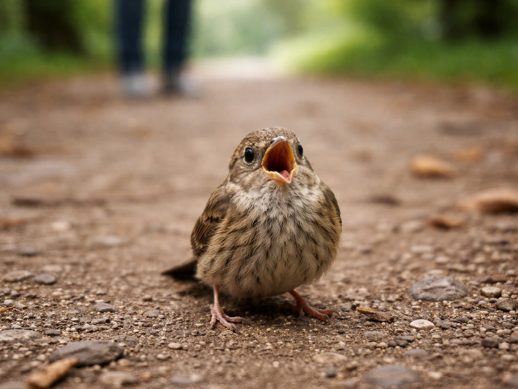 Close view of a small bird open-mouth gasping while a person observes from a safe distance.