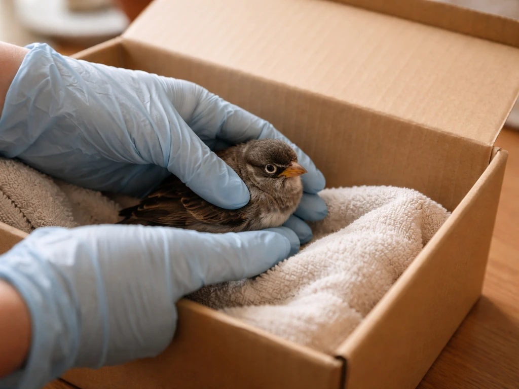 Caretaker’s hands gently place an injured bird into a lidded cardboard box indoors.