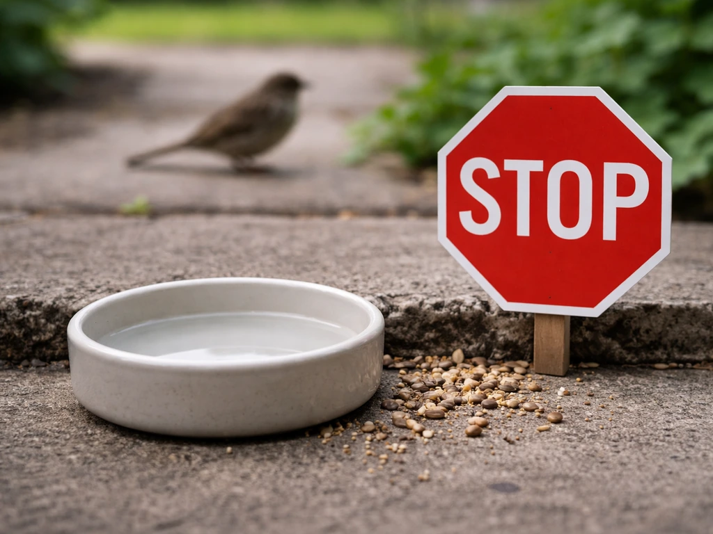 Close-up of an outdoor bird-safe water dish beside spilled seed, with a clear stop sign concept nearby