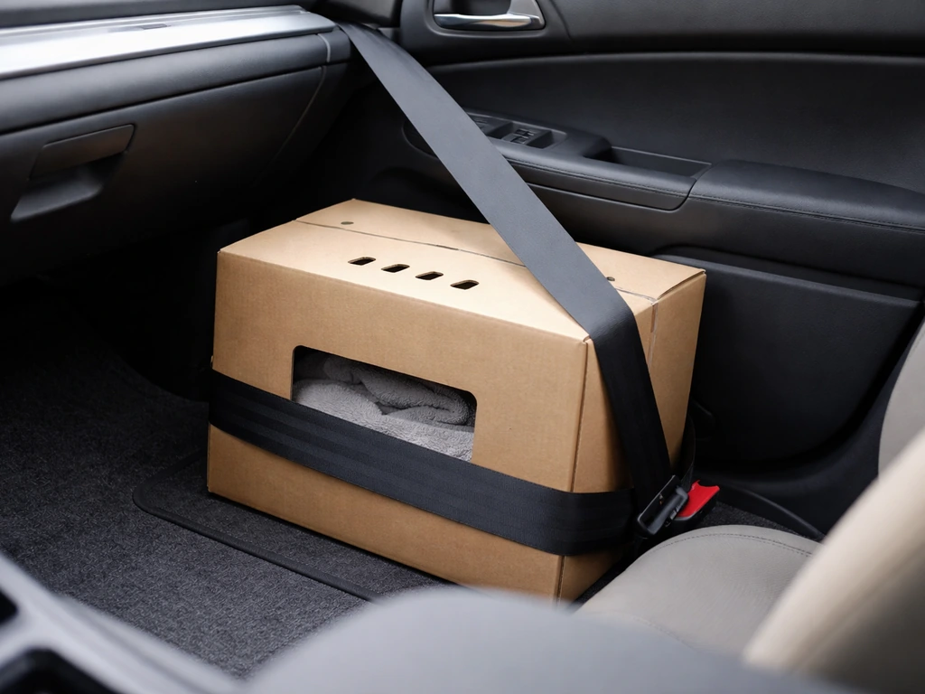Cardboard pet carrier box secured on a car passenger floor, cushioned for safe transport of a bird.