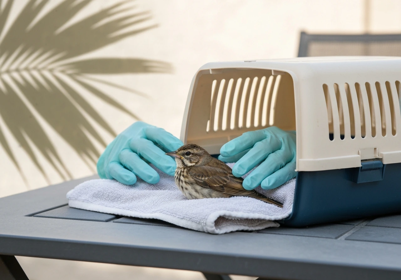 Gloved person preparing an injured wild bird in a ventilated box on a Florida table