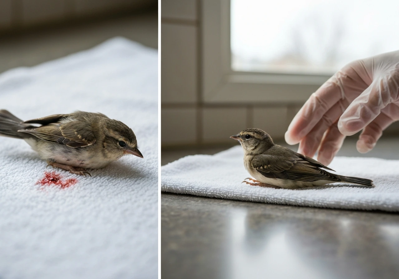 Injured small bird on a towel with gloves nearby, split visual cues for rescue now vs observe first.