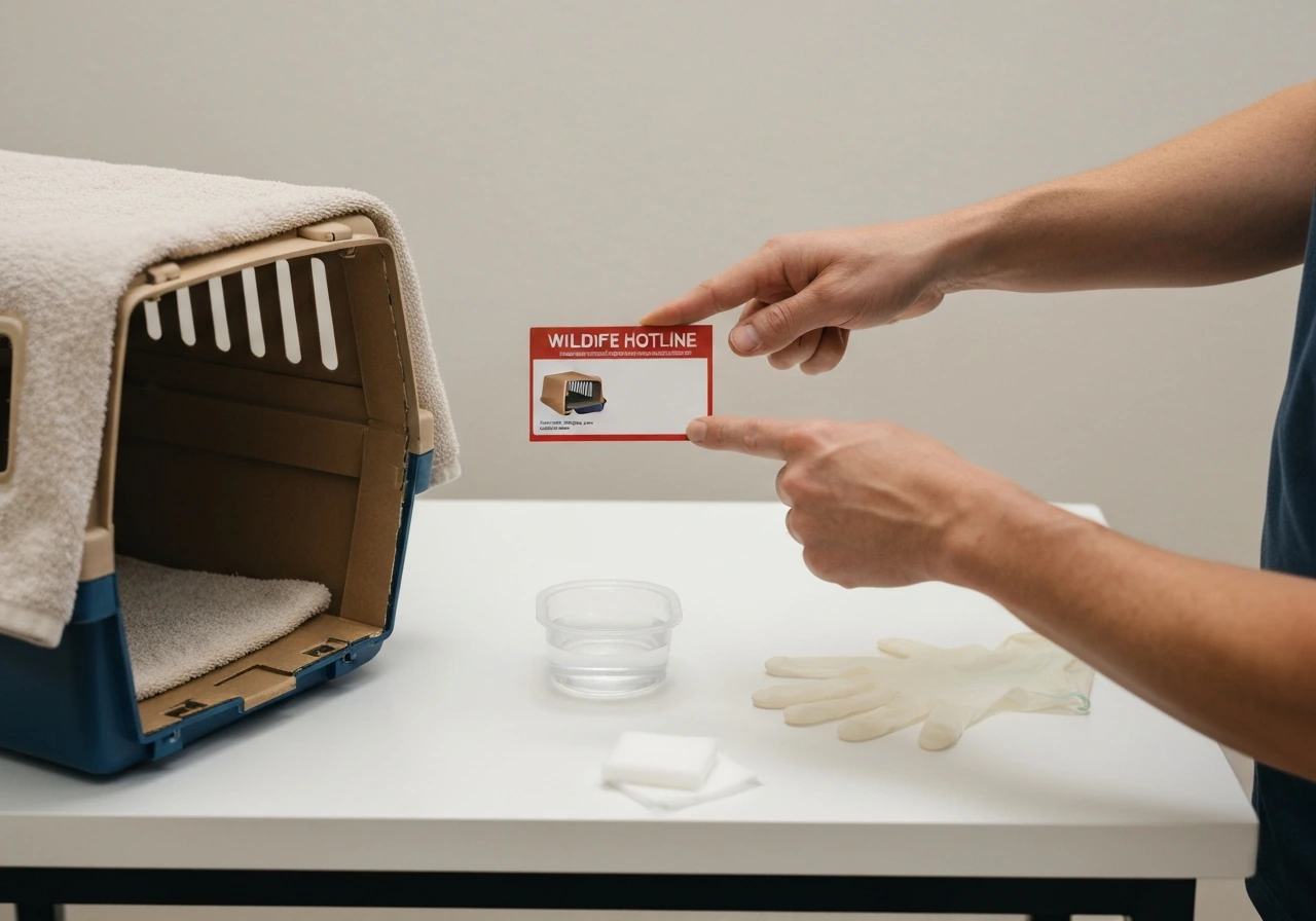 Gloved hands beside a hotline card and a simple injured-bird recovery setup in a quiet room.