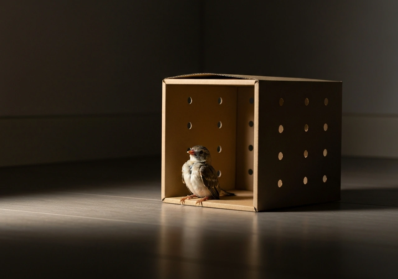 Stunned but upright small bird in a ventilated dark-room box for recovery.