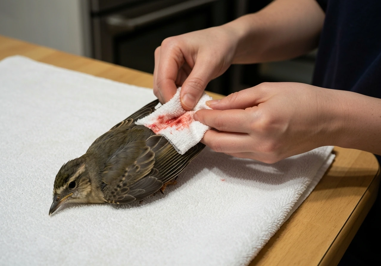 Caregiver’s hands gently apply light pressure with a clean cloth to an injured bird’s wing.