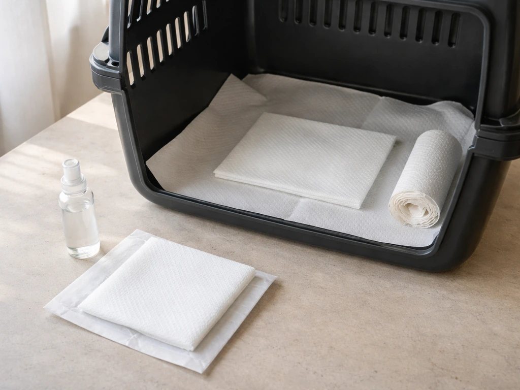 Staged first-aid kit for an injured wild bird: lined dark container with non-stick gauze and sterile saline