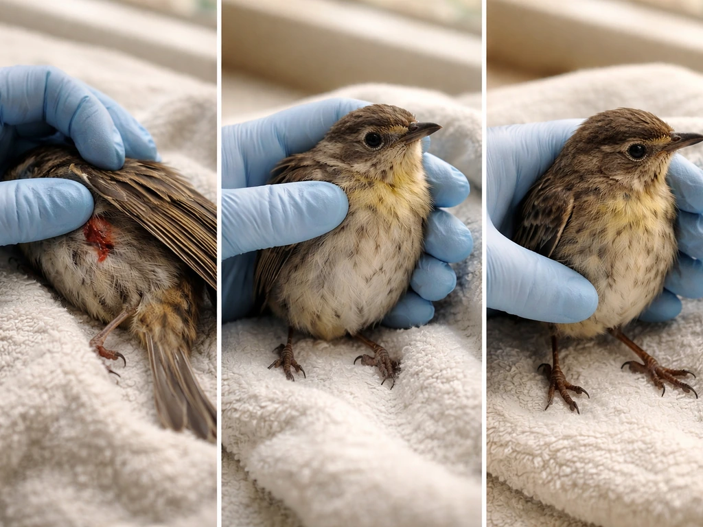 Close-up of gloved hands triaging an injured wild bird—checking bleeding, breathing, and standing posture