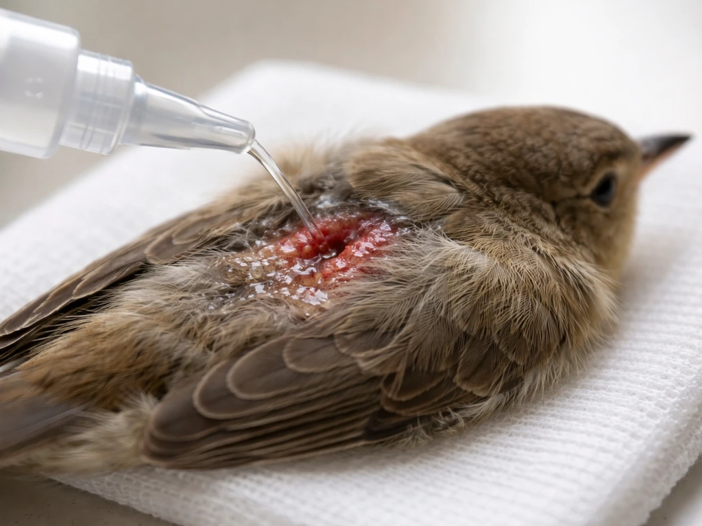 Close-up of sterile 0.9% saline flushing an open bird wound on a clean surface