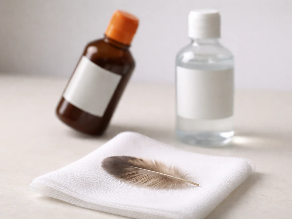 Close-up of a small bird feather beside two first-aid items: a bottle with brown antiseptic and sterile saline
