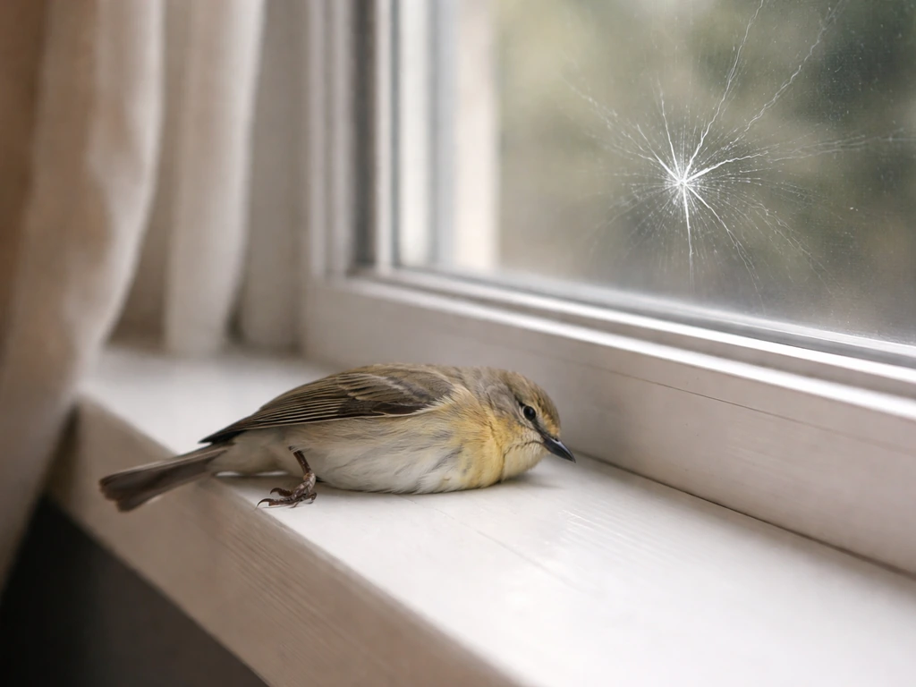 Small bird on a windowsill beside cracked window glass, suggesting a collision with no visible external injury.