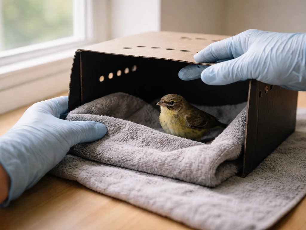 Rescuer’s hands gently placing a small stunned bird into a ventilated recovery box by a window.
