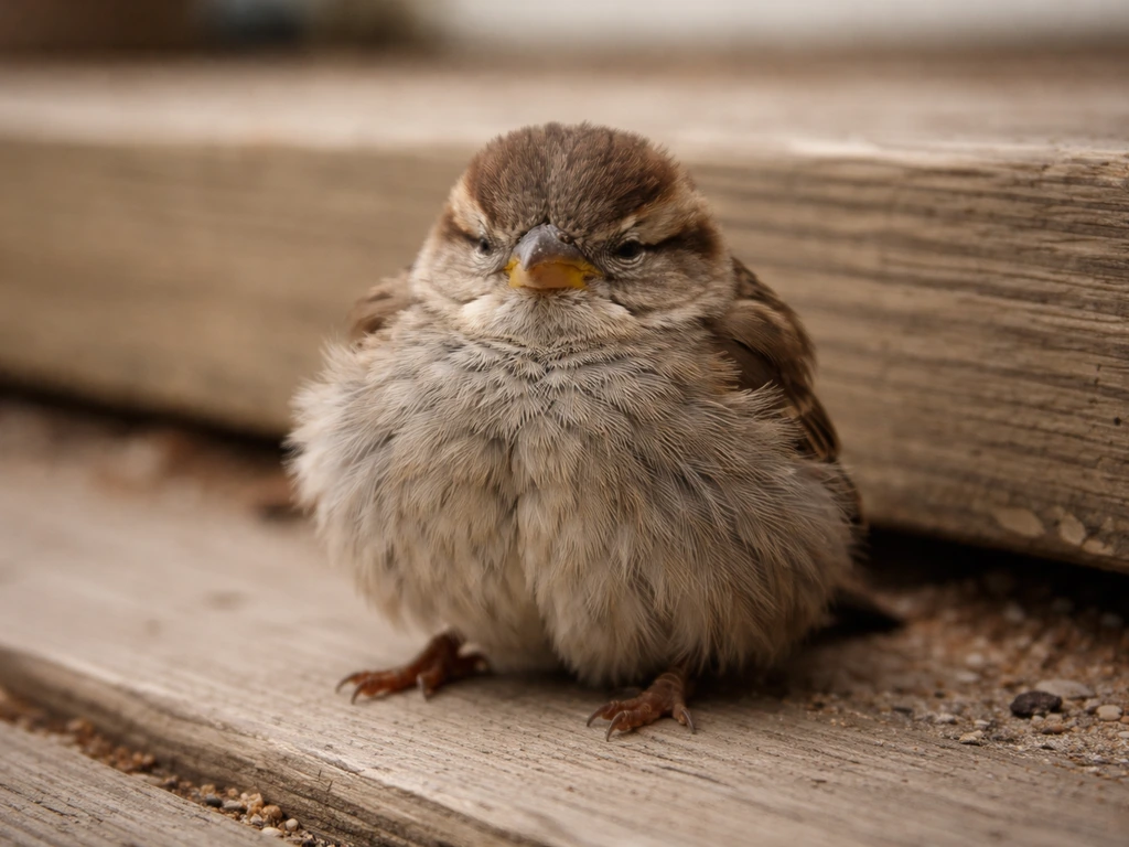 Close-up of a small bird sitting very still with fluffed feathers and half-closed eyes on a porch