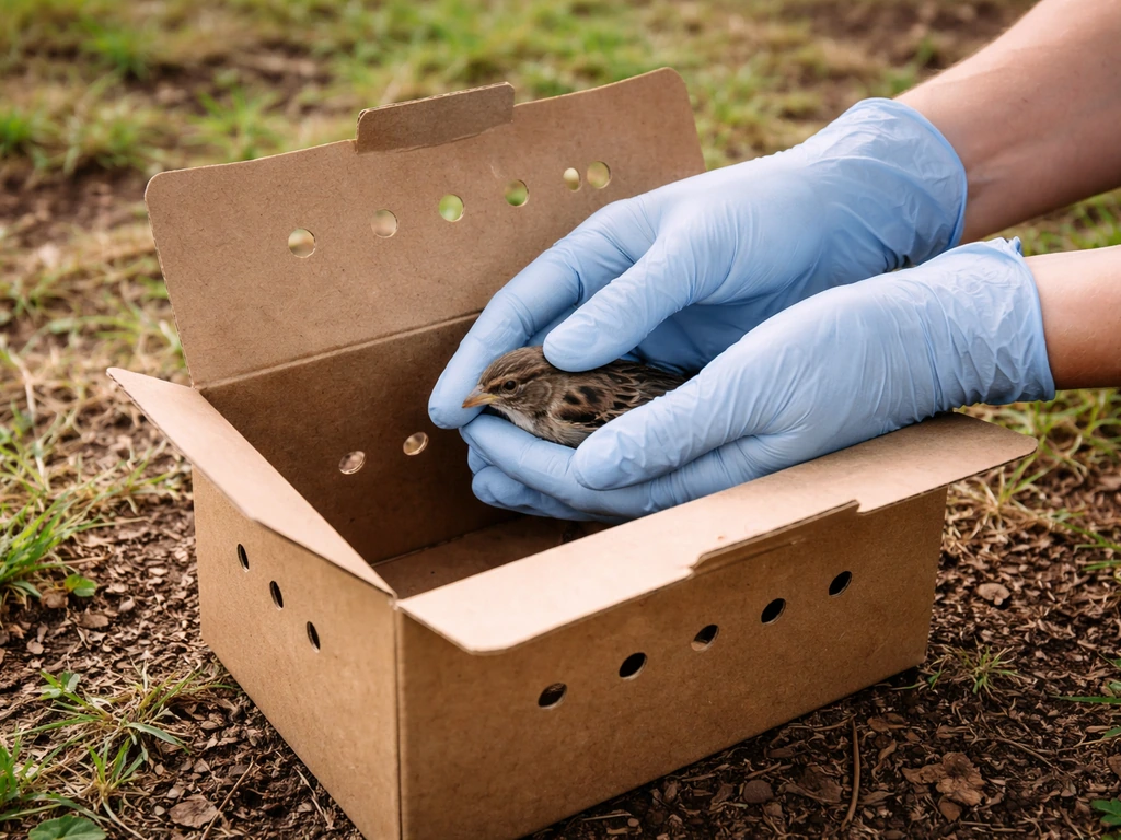 Gloved hands gently lifting a small bird into a ventilated box outdoors.