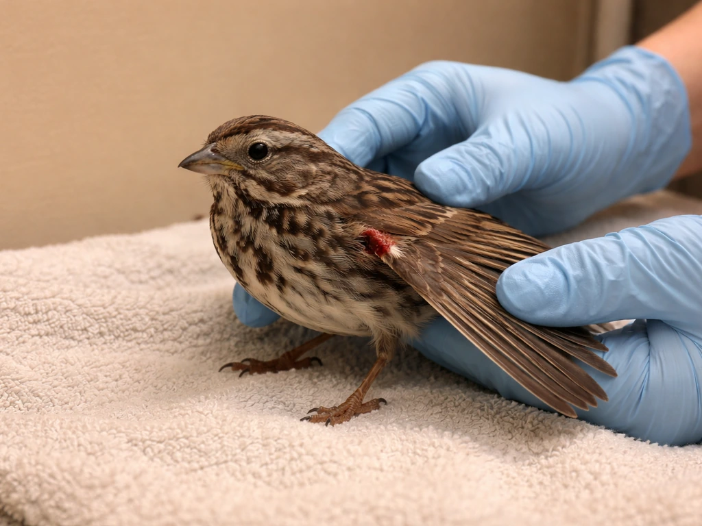 Injured wild bird on a towel with a gloved hand stabilizing a wing at an abnormal angle and a small wound.