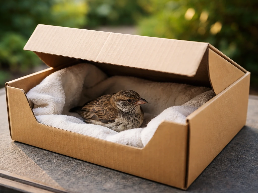 Small injured wild bird in a covered cardboard box on a safe surface outdoors near greenery.