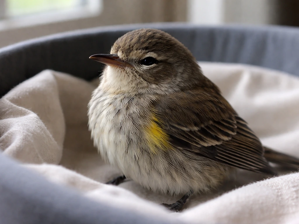 An alert small bird sitting upright and blinking in a covered, cloth-lined observation container.